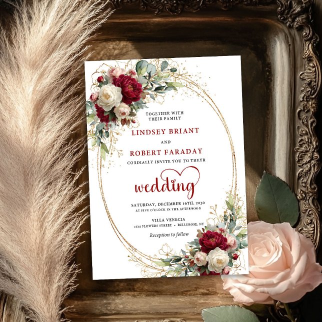 Sofistikerad Burgunderfärgad Blommig Bröllopsinbju Inbjudningar (Sophisticated Burgundy Floral Wedding Invitation)