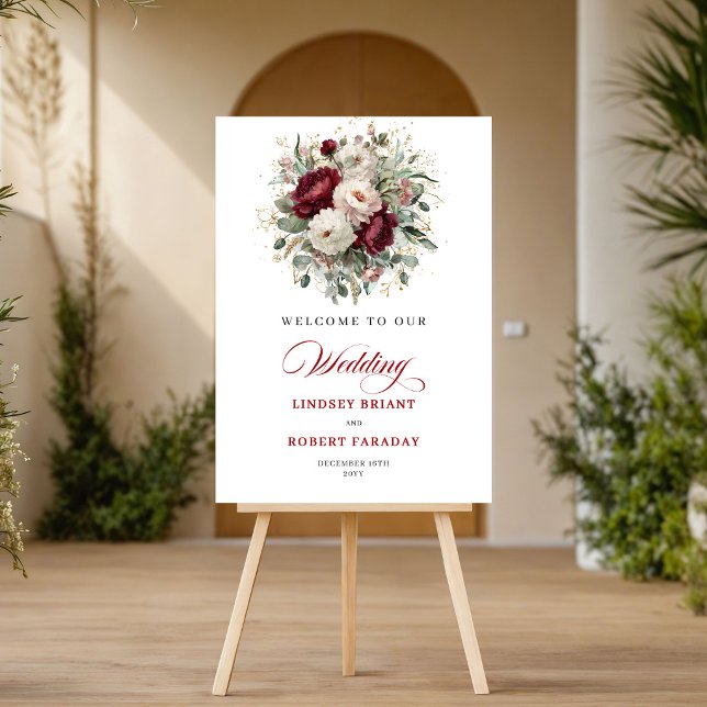Sofistikerad burgunderfärgad blomster- välkomstaff poster (Sophisticated Burgundy Floral Gold Welcome Poster)