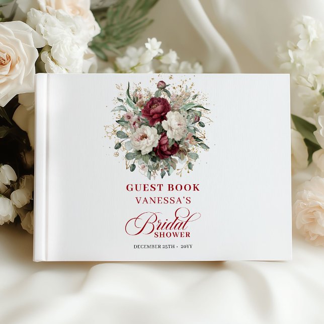 Sofistikerad burgunderfärgad blomsterinspirerad br gästböcker (Sophisticated Burgundy Floral Bridal Shower Guest Book)