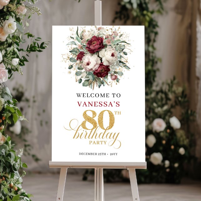 Sofistikerad burgunderröd 80-års välkomstskylt poster (Sophisticated Burgundy 80th Birthday Welcome Sign)