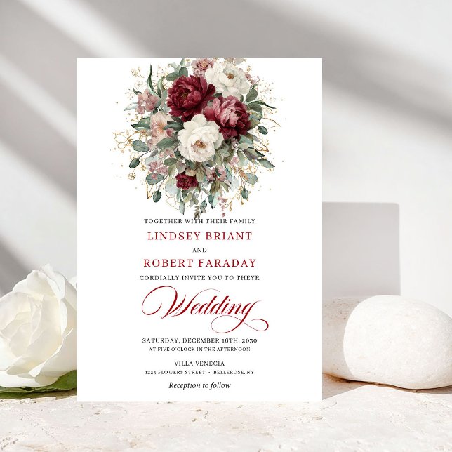 Sofistikerad Burgundervit Botanisk Bröllopsinbjuda Inbjudningar (Sophisticated Burgundy White Botanical Wedding Invitation)