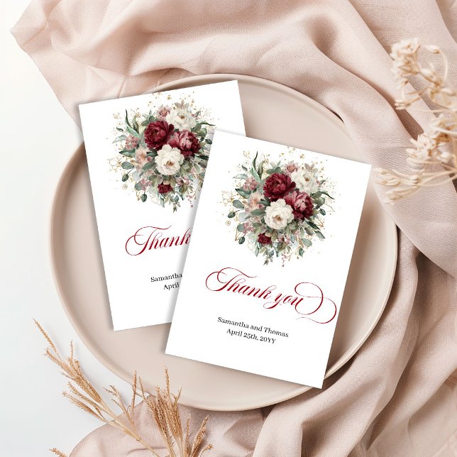 Sofistikerad burgundisk blomstergrönska Tack kort (Sophisticated Burgundy Floral Greenery Thank You Card)