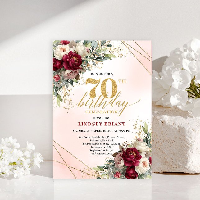Sofistikerad Burgundy Blommig Boho 70-års Inbjudan (Sophisticated Burgundy Floral Boho 70th Invitation)