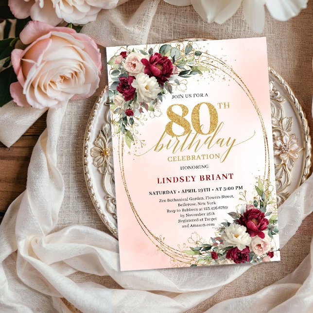 Sofistikerad Burgundy Blommig Guld 80-årsdag  Inbjudningar (Sophisticated Burgundy Floral Gold 80th Birthday Invite)