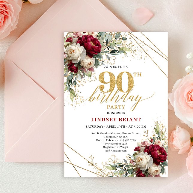 Sofistikerad Burgundy Blommig Guld 90-årsdag   Inbjudningar (Sophisticated Burgundy Floral Gold 90th Birthday Invite)