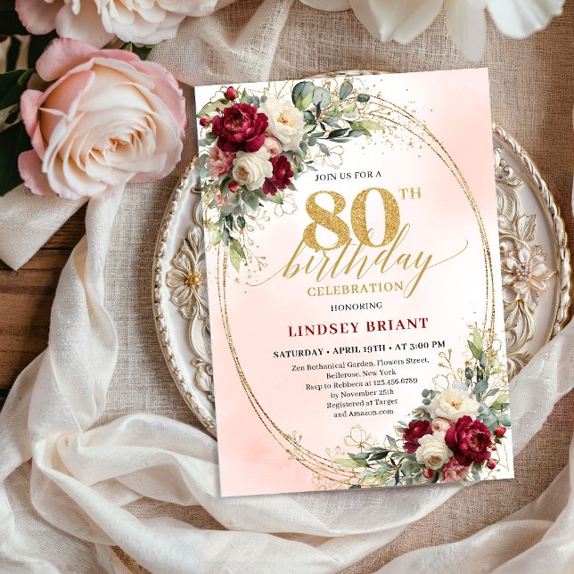 Sofistikerad Burgundy Blommig Ram 80-årsdag  Inbjudningar (Sophisticated Burgundy Floral Frame 80th Birthday Invite)