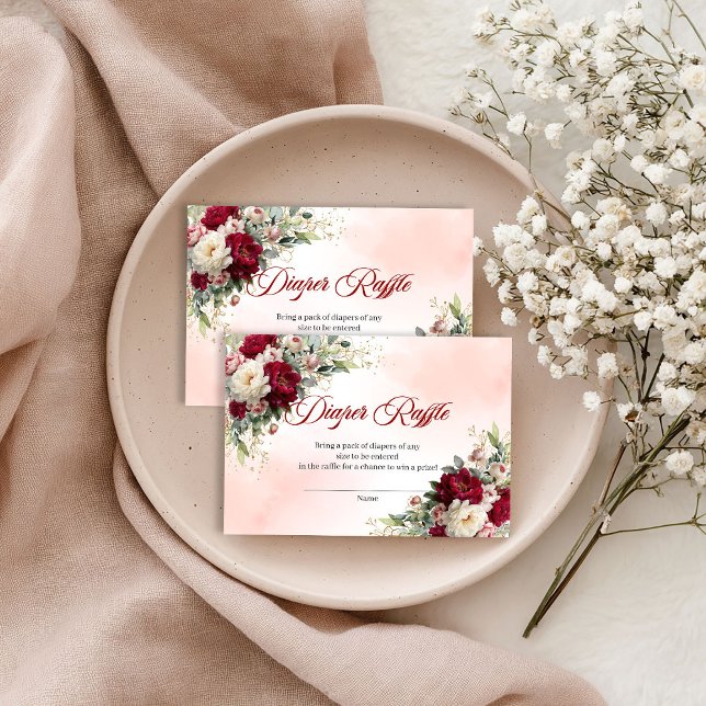 Sofistikerad Burgundy Guld Peony Blöja Lotteri Pre Tilläggskort (Sophisticated Burgundy Gold Peony Diaper Raffle Card)