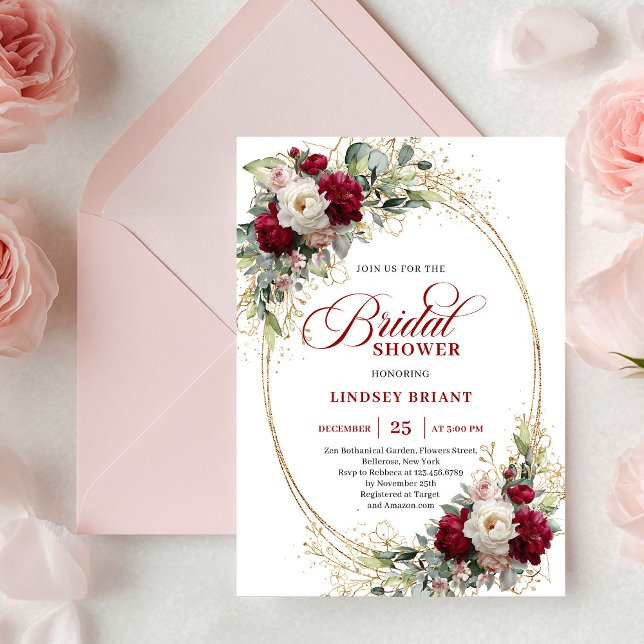 Sofistikerad Burgundy Rosenskiftande Blommig Guld  Inbjudningar (Sophisticated Burgundy Blush Floral Gold Shower Invite)