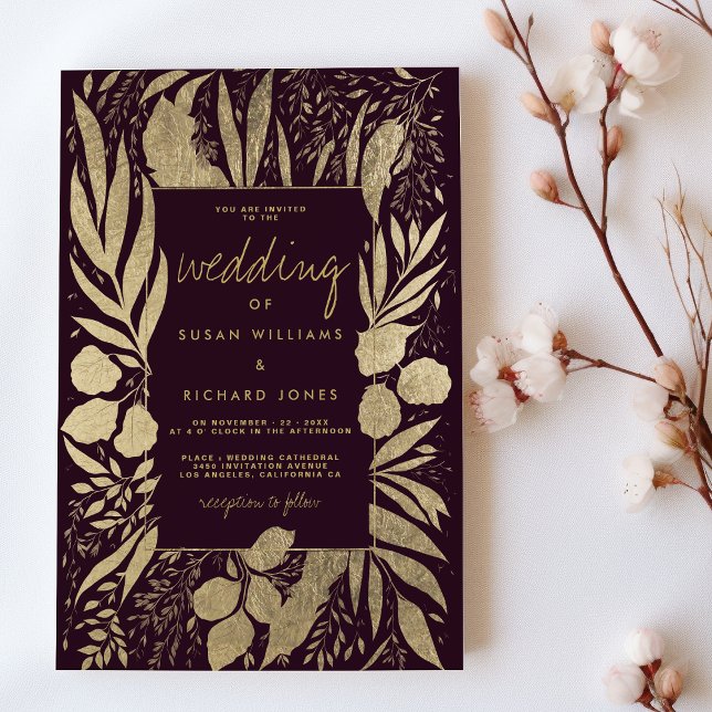 Sofistikerad burgunj guld foliage blommigt bröllop inbjudningar (Sophisticated burgundy gold foliage floral wedding)