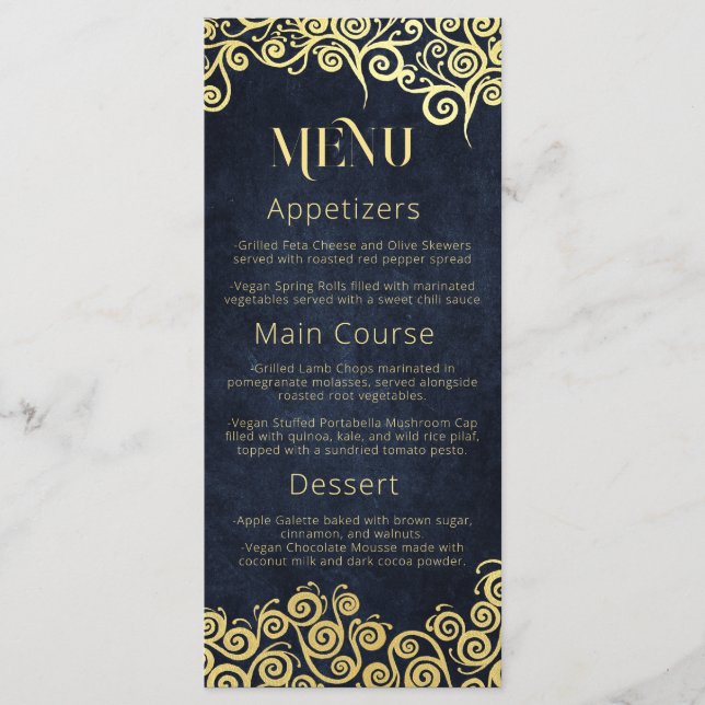 Sofistikerad Chic, marinblått och Guld Swirls Bröl Meny (Framsida)