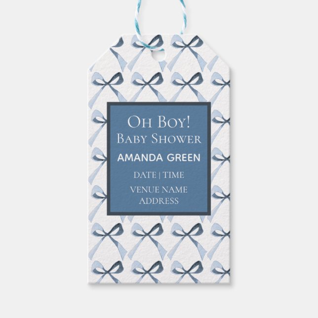 Sofistikerad coquette, Blue Bows Baby Shower Presentetikett (Framsidan)