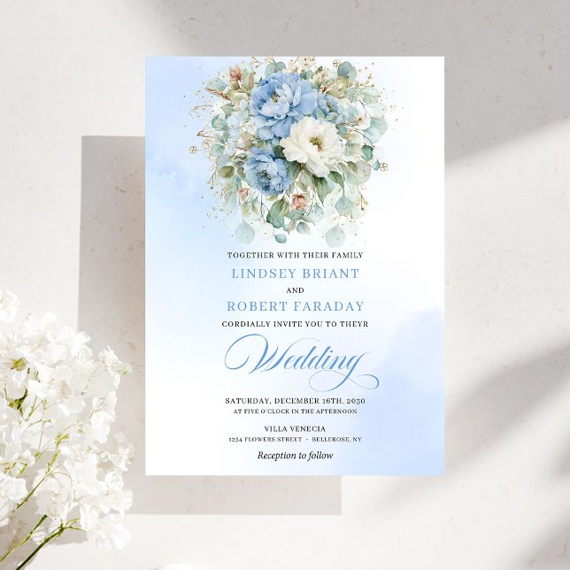 Sofistikerad dammig blå blomdigital bröllopsinbjud inbjudningar (Sophisticated Dusty Blue Floral Digital Wedding Invitation)