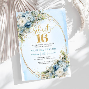 Sofistikerad dammig blå guld Sweet Sixteen-inbjuda Inbjudningar