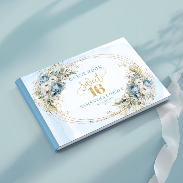 Sofistikerad dammig blå guld Sweet Sixteen-skylt  Gästböcker (Sophisticated Dusty Blue Gold Sweet Sixteen Sign In)