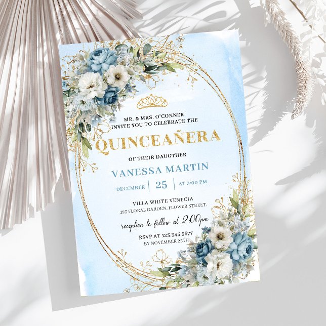 Sofistikerad dammig blå guldgrönska Quince  Inbjudningar (Sophisticated Dusty Blue Gold Greenery Quince Invite)