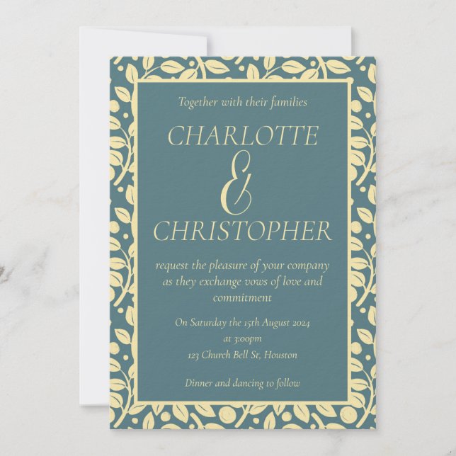 Sofistikerad Dusty Blue Cream Löv Mönster Inbjudningar (Framsida)