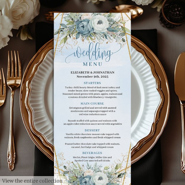 Sofistikerad Dusty Blue Eucalyptus Bröllop Menu Meny (Sophisticated Dusty Blue Eucalyptus Wedding Menu)