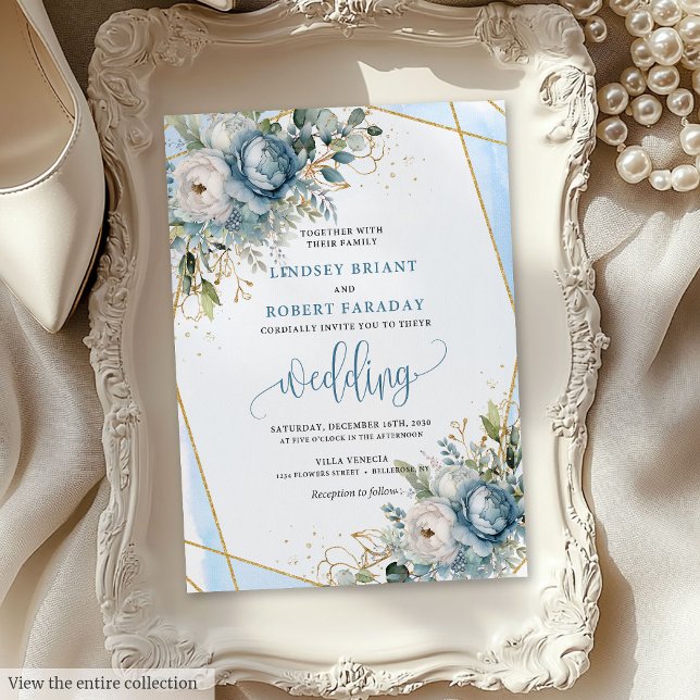 Sofistikerad Dusty Blue Guld Blommigt Bröllop Inbjudningar (Sophisticated Dusty Blue Gold Floral Wedding Invite)