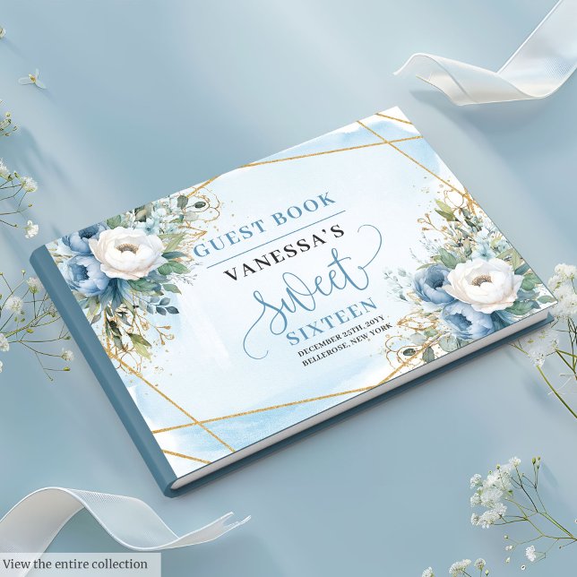 Sofistikerad Dusty Blue White Peonies Sweet 16:e Gästböcker (Sophisticated Dusty Blue White Peonies Sweet Sixteen Guest Book)