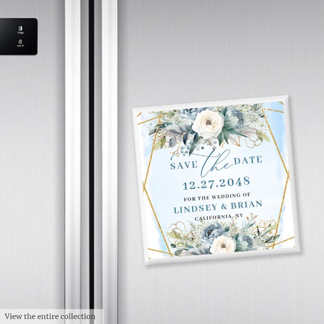 Sofistikerad Dusty Blue White Peony Spara datumet Magnet (Sophisticated Dusty Blue White Peony Save the Date)