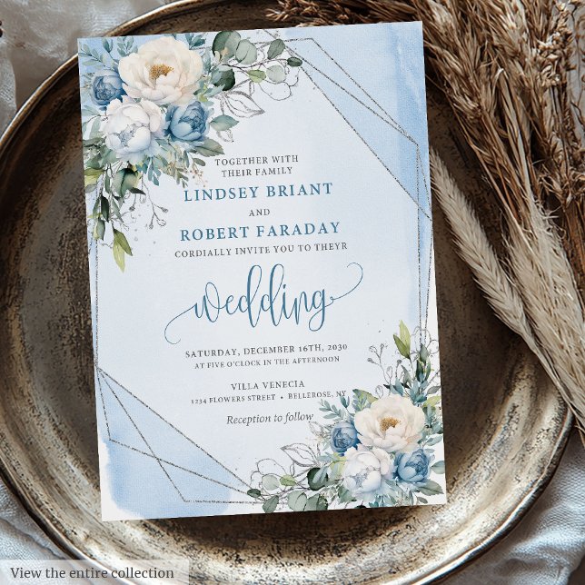 Sofistikerad Dusty Blue White Silver Ro Inbjudan (Sophisticated Dusty Blue White Silver Roses Wedding Invitation)