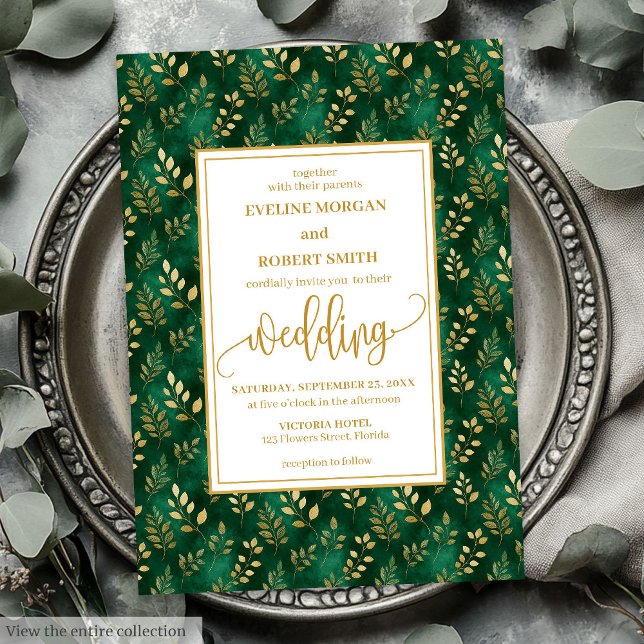 Sofistikerad Emerald Grönt Guld Foliage Bröllop Inbjudningar (Sophisticated Emerald Green Gold Foliage Wedding Invitation)