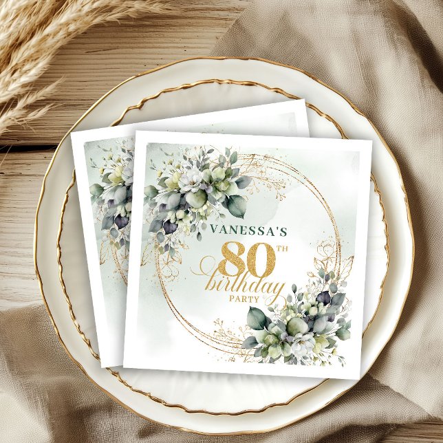 Sofistikerad Eukalyptusgrön 80-årsdag Napkin Pappersservett (Sophisticated Eucalyptus Green 80th Birthday Napkins)