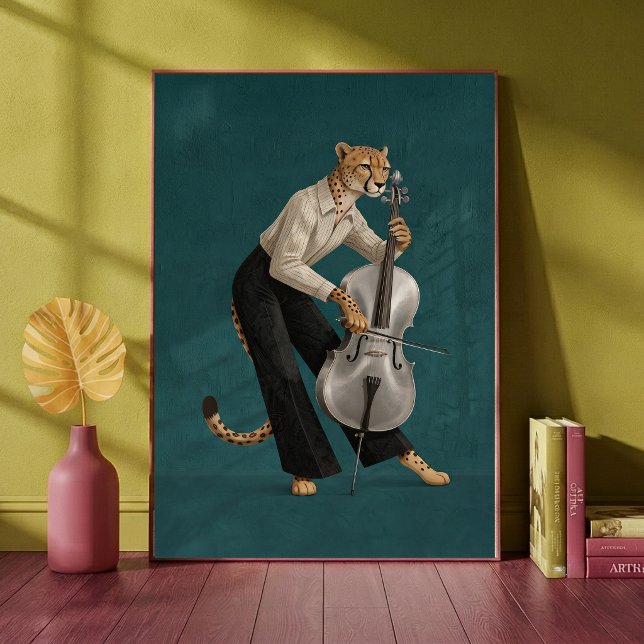 Sofistikerad gepard som spelar cello, musik-  poster (Skapare uppladdad)