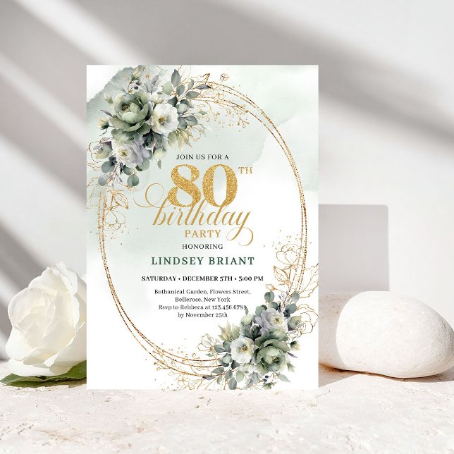 Sofistikerad grönska Guld 80-års födelsedagsinbjud Inbjudningar (Sophisticated Greenery Gold 80th Birthday Invite)