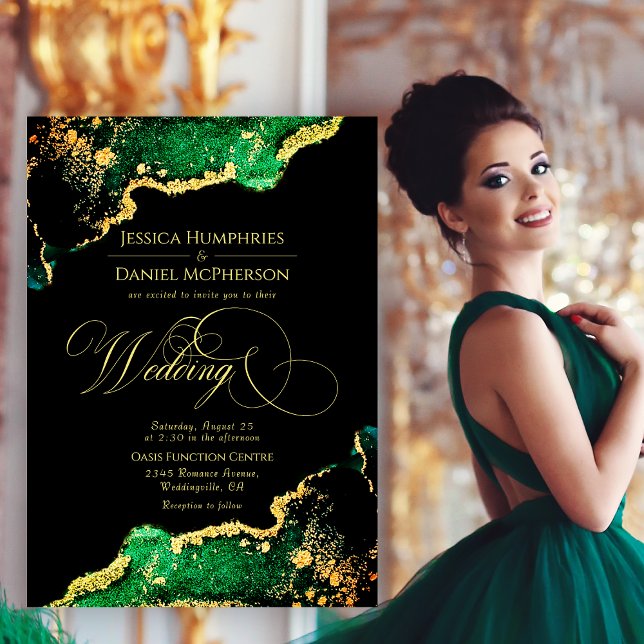 Sofistikerad inbjudan till Bronze Guld-bröllop i G (Sophisticated Green Bronze Gold Wedding Invitation)