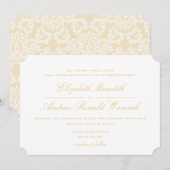 Sofistikerad inbjudan till skribentbröllop i Guld  (Fram/baksida)