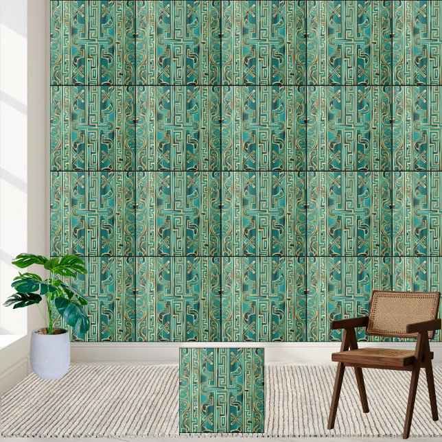 Sofistikerad kalk- och Guld-Mönster-plattan Nyckel Kakelplatta (Sophisticated Teal and Gold Greek Key Pattern Tile)