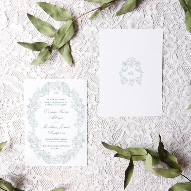 Sofistikerad Klassisk Skript Blå Regency Bröllop Inbjudningar (dusty blue and white victorian rococo wedding invitation with botanical crest & floral illustrations)
