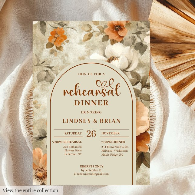 Sofistikerad Koppar Elfenben Salvia Blommig Övning Inbjudningar (Sophisticated Copper Ivory Sage Floral Rehearsal Invitation)