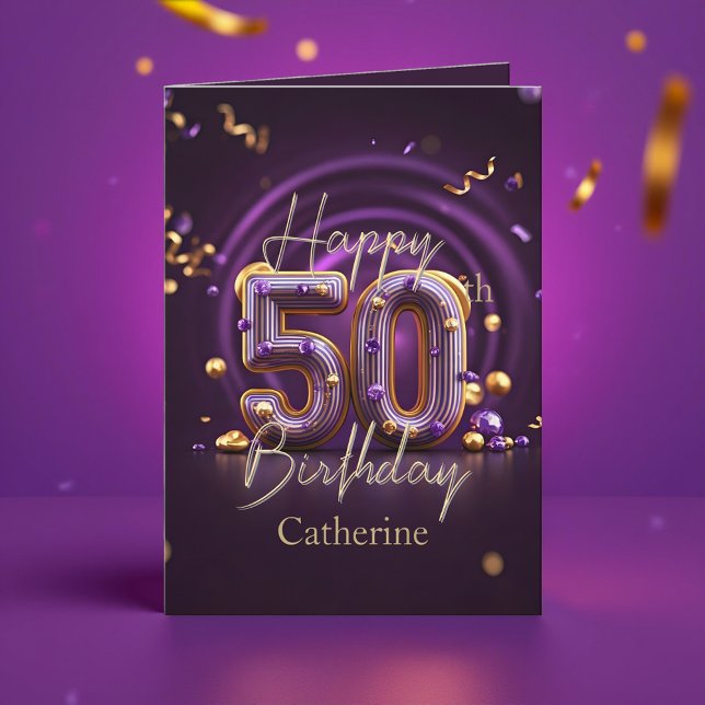 Sofistikerad Lila och Guld 50:e födelsedagen Kort (Skapare uppladdad)