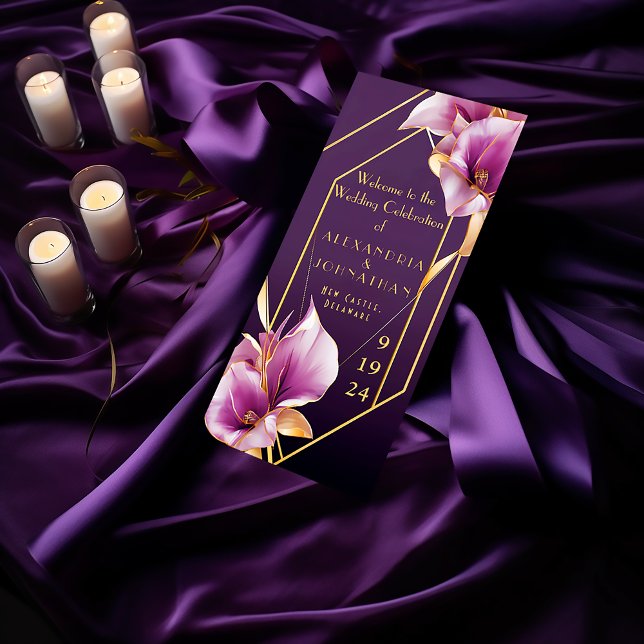 Sofistikerad Lila och Guld Calla Lily Bröllop Program (Stylish Modern Purple and Gold Calla Lilies Wedding Program )