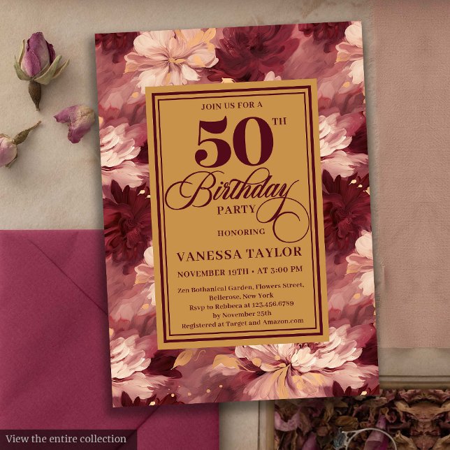 Sofistikerad merlot  guld blommigt födelsedag inbjudningar (Sophisticated merlot blush gold floral birthday invite

)