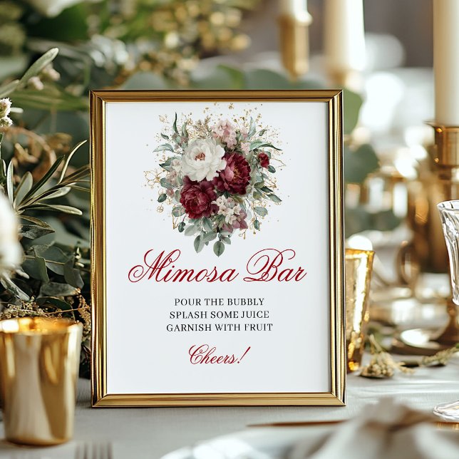 Sofistikerad Mimosa Bar Rosaburgunder Blommig Sig Poster (Sophisticated Mimosa Bar Blush Burgundy Floral Sign)