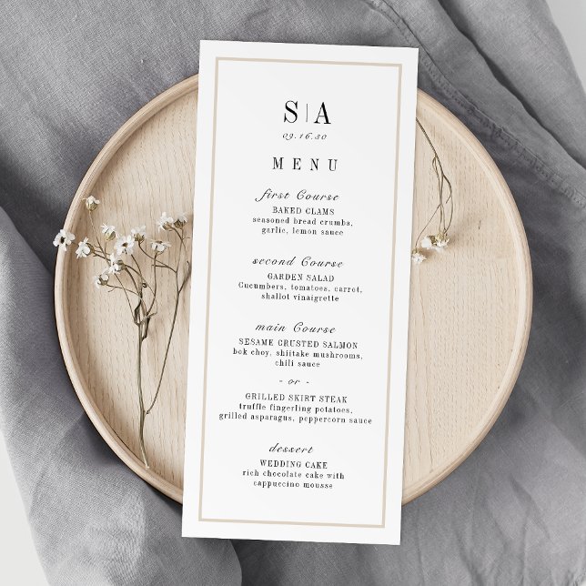 Sofistikerad minimalistisk bröllop i monogram meny (Sophisticated monogram minimalist wedding menu)