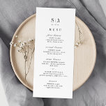 Sofistikerad minimalistisk bröllop i monogram meny<br><div class="desc">Sofistikerade menykort för svartvit minimalistisk bröllop med pars monogram. Baksidan av designen har blommigt för vintage med redigerbar bakgrund för färg. Enkel och elegant. Underbar för det moderna klassiska bröllop och det formella bröllop. Visa alla matchande delar i samlingen.</div>