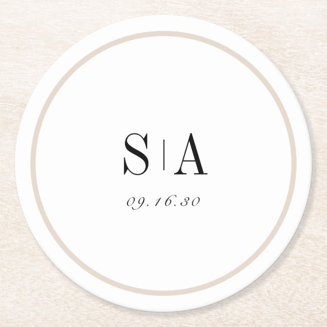 Sofistikerad monogram svartvit minimalist underlägg papper rund (Framsidan)