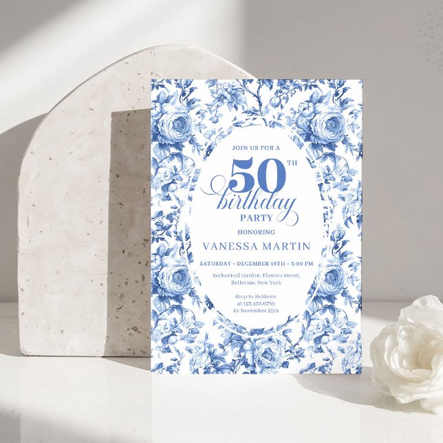 Sofistikerad Navy Toile Rose 50-års födelsedagsinb Inbjudningar (Sophisticated Navy Toile Rose 50th Birthday Invite)