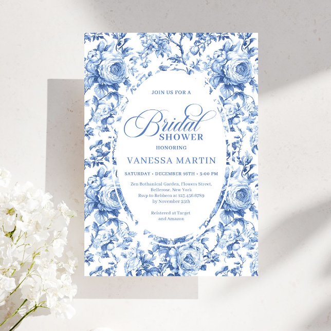 Sofistikerad Navy Toile Rose Bröllopsdusch Inbjuda Inbjudningar (Sophisticated Navy Toile Rose Bridal Shower Invite)