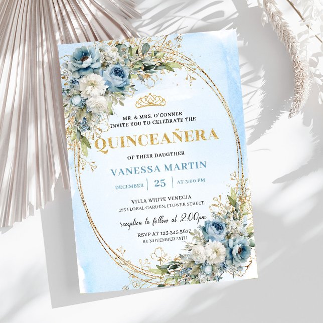 Sofistikerad Pastellblå Guld Eukalyptus Quince Inbjudningar (Sophisticated Pastel Blue Gold Eucalyptus Quince)