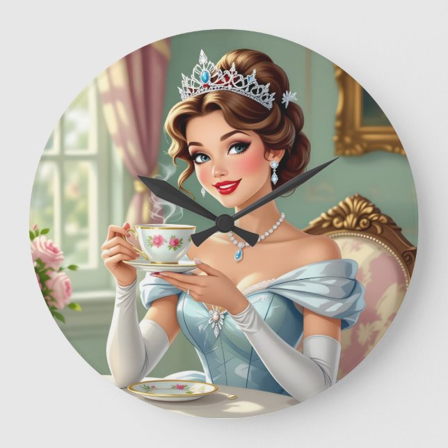 Sofistikerad prinsessa med krona elegant klänning stor klocka (Framsida)