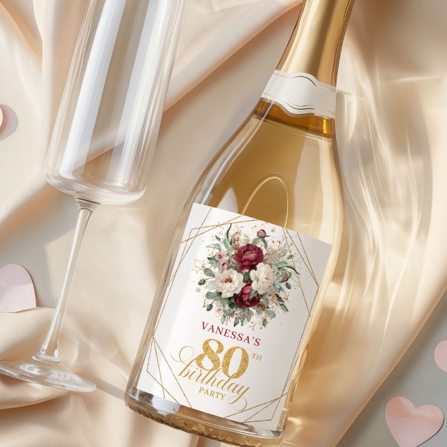 Sofistikerad Rödfärgad Burgunder 80-årsdag Champag (Sophisticated Blush Burgundy 80th Birthday Champagne Labels)