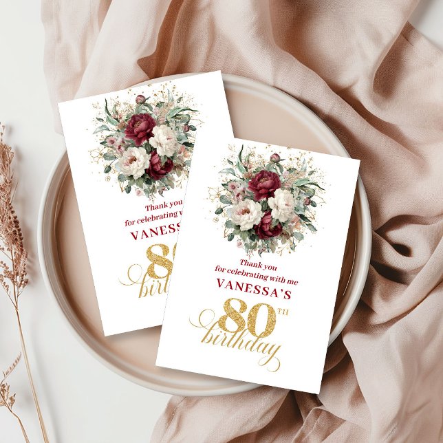 Sofistikerad Rodnad Burgunder 80-årsfirande Tack Kort (Sophisticated Blush Burgundy 80th Birthday Thank You Card)