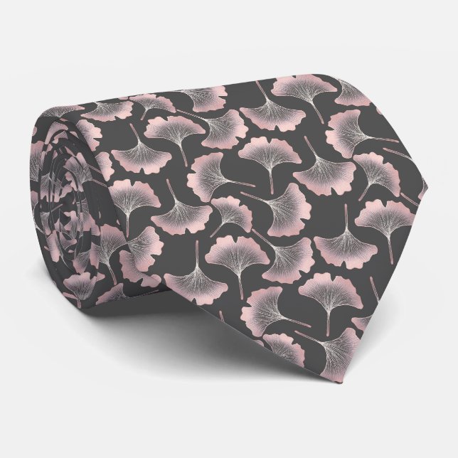 Sofistikerad rosa linjekonst Ginkgo på mörk duk Slips (Rullad)