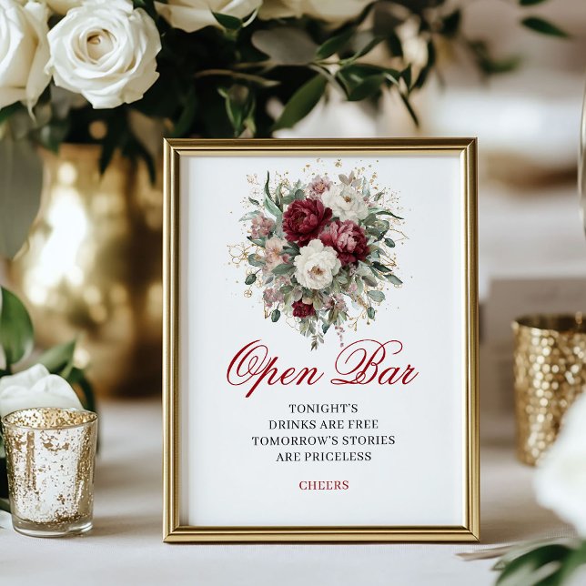 Sofistikerad rosé burgunder öppen bar bröllopsskyl poster (Sophisticated Blush Burgundy Open Bar Wedding Sign)