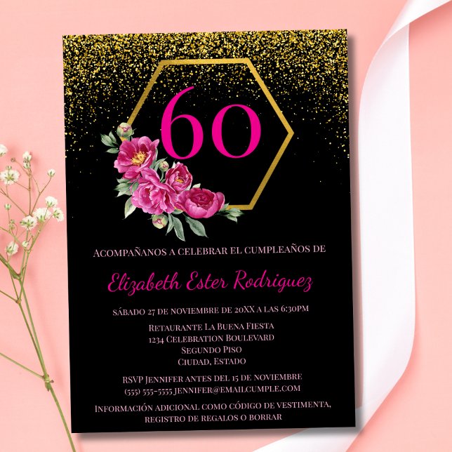 Sofistikerad svart Rosa i Spanien 60:e födelsedage Inbjudningar (Skapare uppladdad)